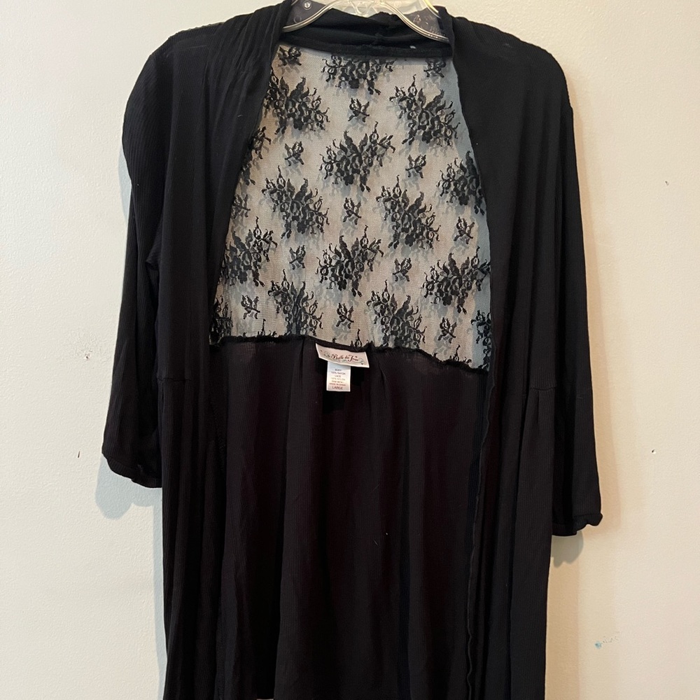Belle du jour black cardigan with lace back. Size large 100% Rayon EUC